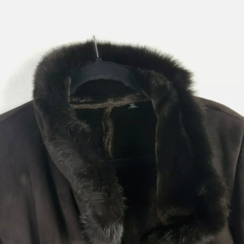 A Brown Dana Buchman Fur Trim Coat Size Large - Picture 9 of 10